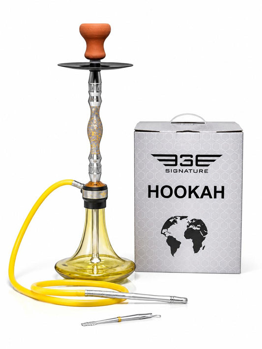 BE Signature Traditional Hookah Set – Chrome & Colored Glass Stem with Tinted Glass Base, Ceramic Bowl, Silicone Hose & Steel Tray – Elegant Egyptian-Style Shisha Pipe, Available in Multiple Colors