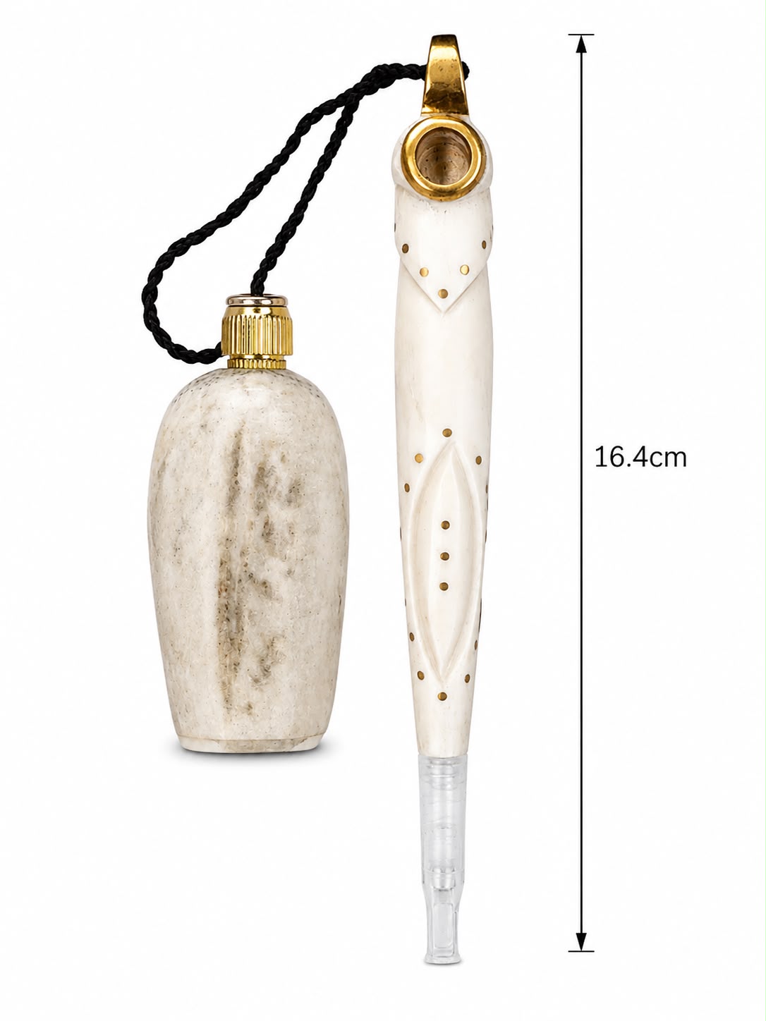 Premium Medwakh Pipe & Tobacco Container Set 16.4cm – Handcrafted Bone-Style Body with Brass Stud Inlay & Gold Fittings – Authentic Dokha/Midwakh Gift Set