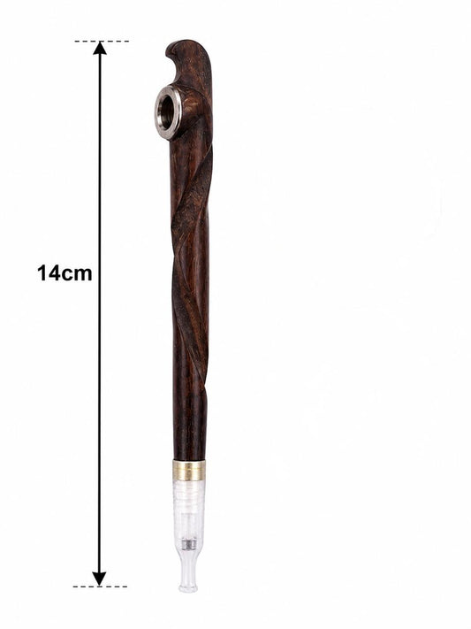 Handmade Wooden Medwakh Pipe – 14cm Spiral Carved Dokha Smoking Pipe with Silver Ring & Removable Filter Tip