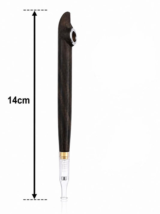 Handmade Wooden Medwakh Pipe – Carved Hook-Top Design, Dark Ebony Dokha Pipe with Silver Ring & Gold Band | 14cm Traditional Emirati Design