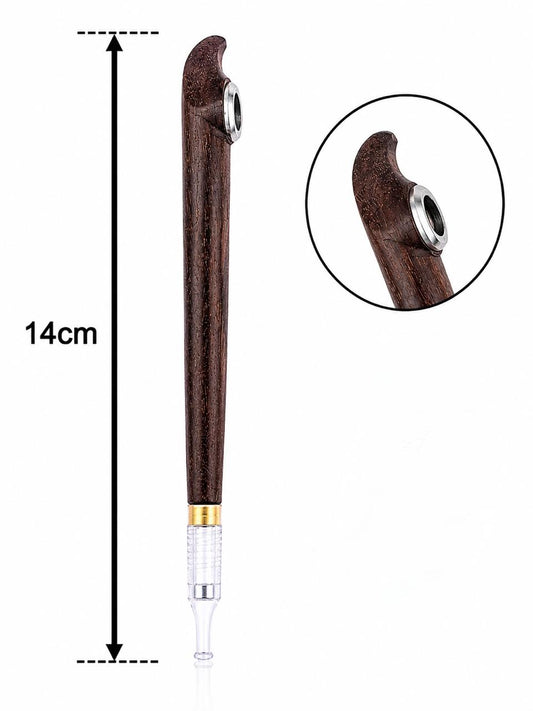 Handmade Wooden Medwakh Pipe – Carved Hook-Top Design, Dark Speckled Wood Dokha Pipe with Silver Ring & Gold Band | 14cm Traditional Emirati Design