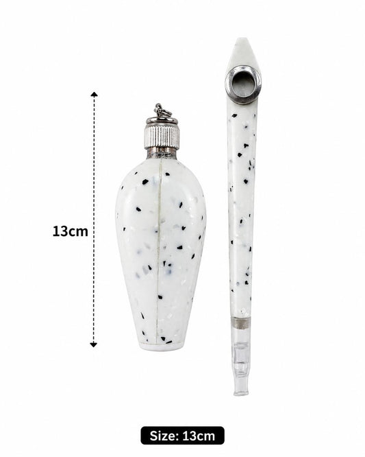 Handmade Terrazzo Resin Medwakh Pipe – White Speckled Dokha Pipe with Matching Snuff Bottle & Silver Ring | 13cm Set