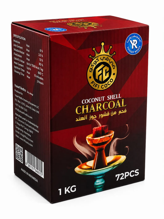 FIFI COCO Premium Coconut Shell Charcoal – 100% Natural Hookah Shisha Coals, Long Lasting, Low Ash & Less Smoke, 72 Cubes, 1KG