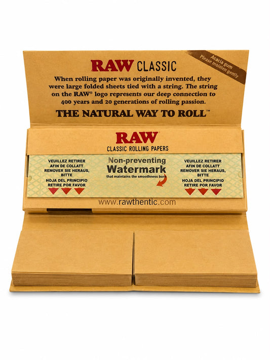 RAW Classic Connoisseur Single Wide Rolling Papers + Tips | Acacia Gum | Non-Preventing Watermark | Genuine Original Fibers | Smooth Slow Burn