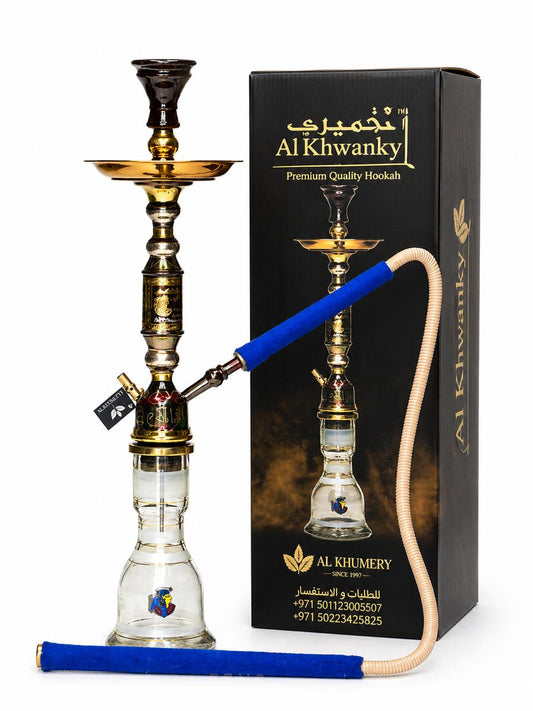 الخُميري - أرجيلة الخوانكي الفاخرة | ساق منقوشة باللونين الأسود والذهبي على الطراز المصري مع مزهرية زجاجية شفافة وخرطوم مخملي أزرق | مجموعة شيشة عربية تقليدية كاملة | الإمارات العربية المتحدة