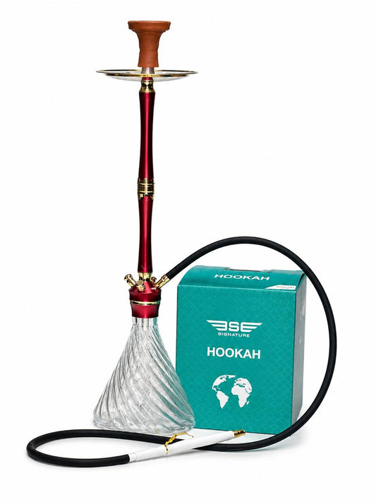 AL KHUMERY BSE Signature Hookah | Red Anodized Aluminum Stem with Spiral Twist Clear Glass Vase & Clay Bowl | Modern Shisha Full Set with Black Silicone Hose | UAE