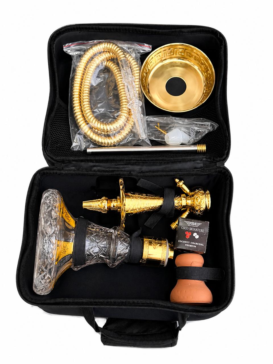 AL KHUMERY BSE SIGNATURE LUXURY GOLD HOOKAH | GREEK PATTERN GOLD TRAY | CRYSTAL GLASS BASE WITH GOLD FLORAL ENGRAVING | COILED GOLD HOSE | PREMIUM SHISHA PIPE | COMPLETE SET WITH CARRY BAG | UAE