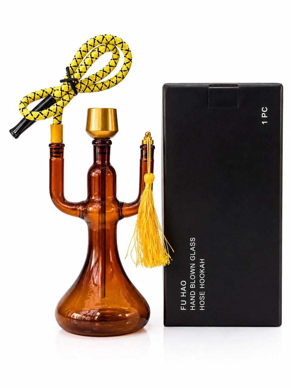 FU HAO Hand Blown Glass Hookah – Premium Amber Glass Shisha Pipe with Braided Hose & Gold Accents | Tobacco Accessory