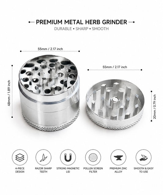 Premium - Metal Tobacco Grinder – Razor Sharp Teeth | Pollen Screen Filter | Zinc Alloy | Available in Black & Silver