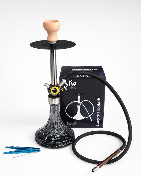 Qaden Luxury Glass Hookah Set – Premium Crystal-Cut Base with Stainless Steel Stem, Silicone Hose & Clay Bowl – Designed in Germany – Complete Shisha Kit with Tongs & Cleaning Brush