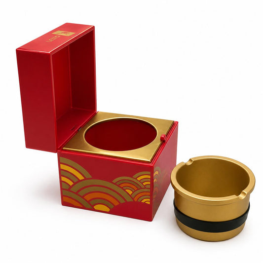 Luxury Gold Ashtray with Red Lacquer Gift Box – Elegant Windproof Cigar Ashtray, Premium Home & Office Decor