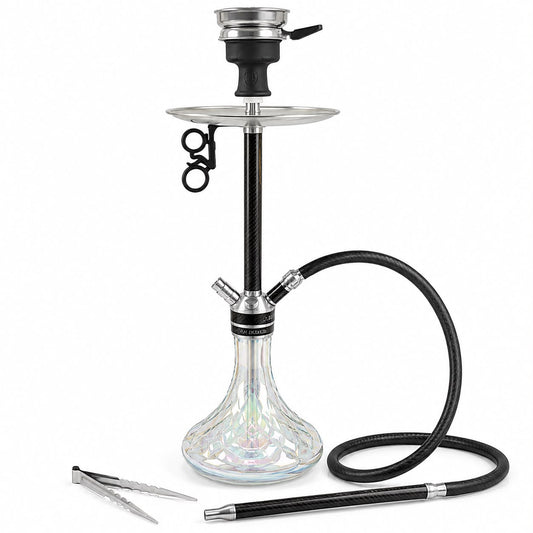AMY DELUXE Carbon Fiber Hookah Set – Made in Germany | Iridescent Glass Base & Braided Hose – Premium Authentic Shisha