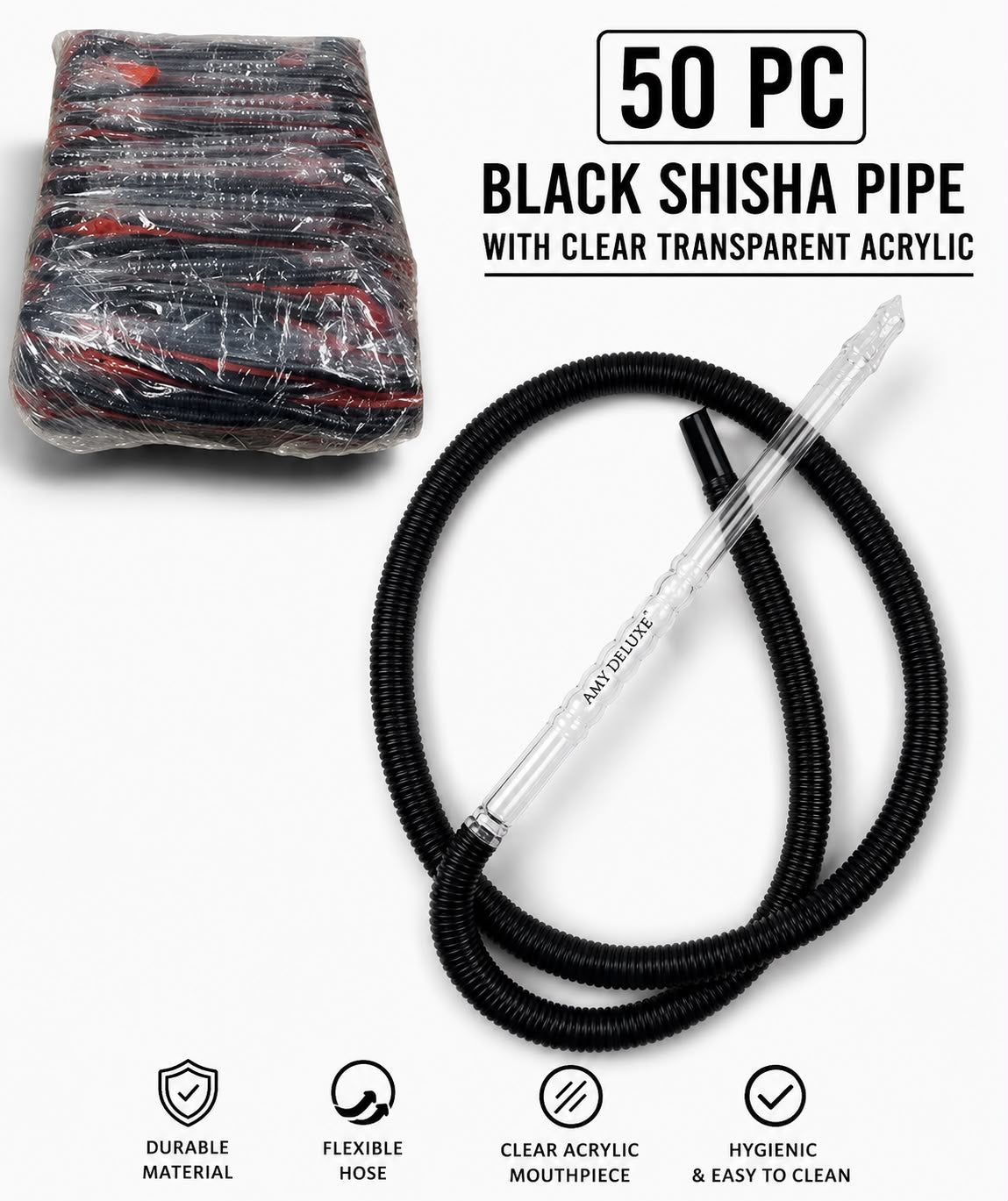 50 Pc Premium Black Shisha Pipe Set – Flexible Hose, Crystal Acrylic Mouthpiece | Hygienic Bulk Pack for Cafés & Events