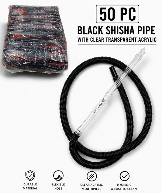 50 Pc Premium Black Shisha Pipe Set – Flexible Hose, Crystal Acrylic Mouthpiece | Hygienic Bulk Pack for Cafés & Events