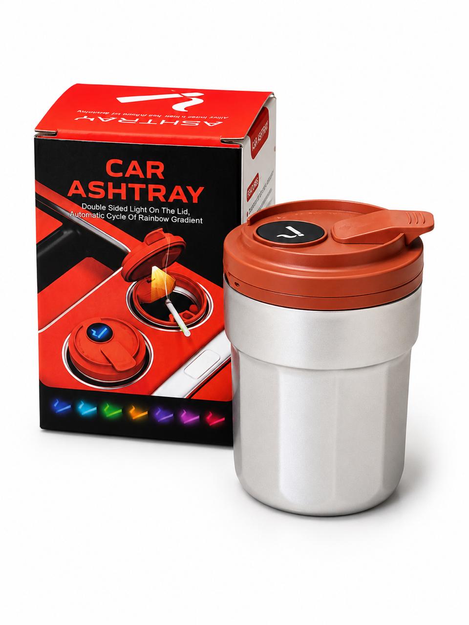 AL KHUMERY- Premium Silver & Burnt Orange Car Ashtray with Rainbow LED Light | Metallic Body, Smokeless Lidded Cup Holder | Odor-Free & Easy to Clean
