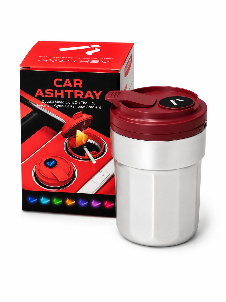 AL KHUMERY- Premium Silver & Wine Red Car Ashtray with Rainbow LED Light | Stainless Look, Smokeless Lidded Cup Holder Ashtray | Odor-Free & Easy to Clean