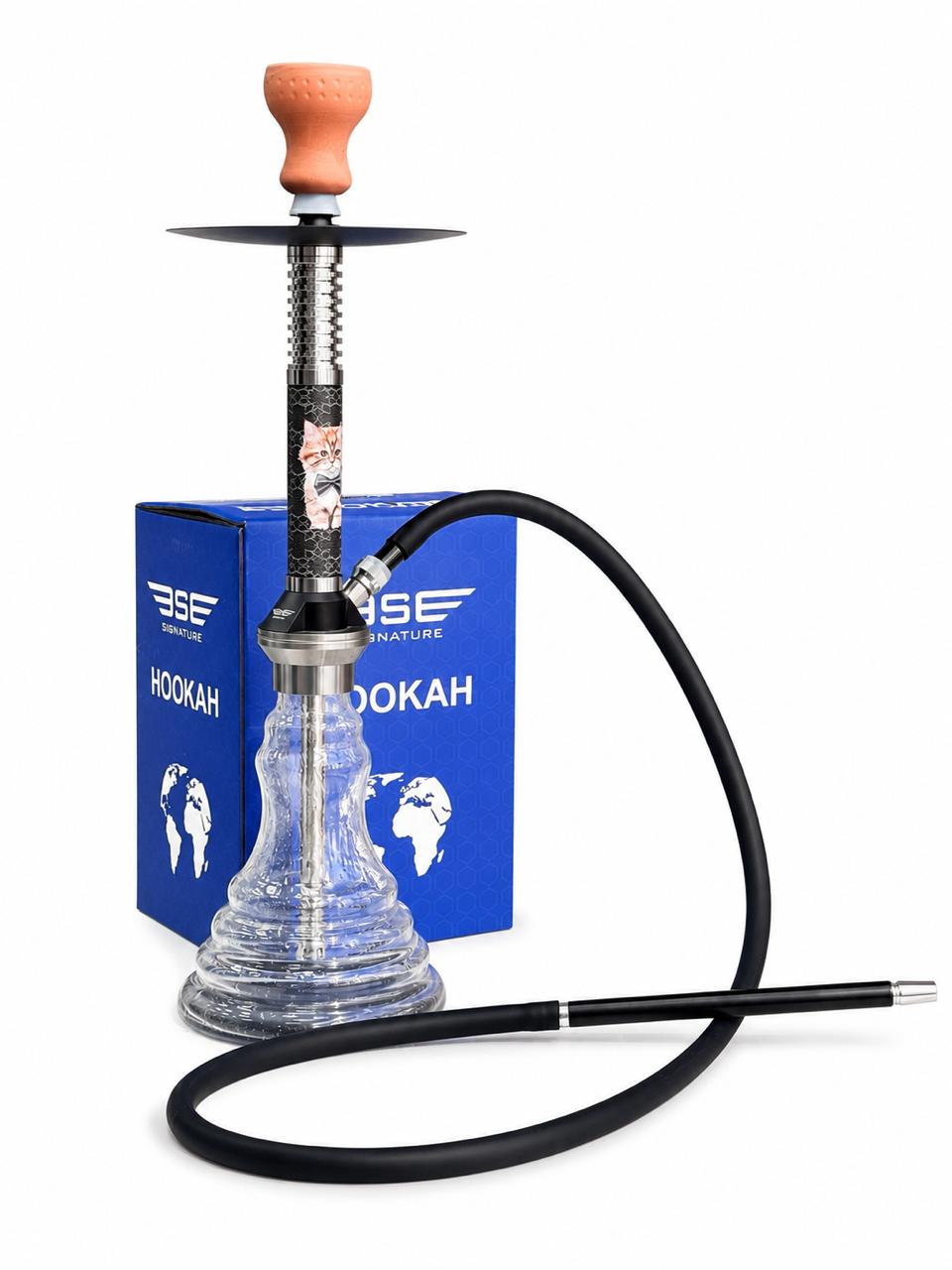BE Signature Hookah Set – Ribbed Glass Base with Black Stem, Cute Cat Bow-Tie Graphic, Ceramic Bowl, Silicone Hose & Steel Tray – Fun Novelty Design Shisha Pipe