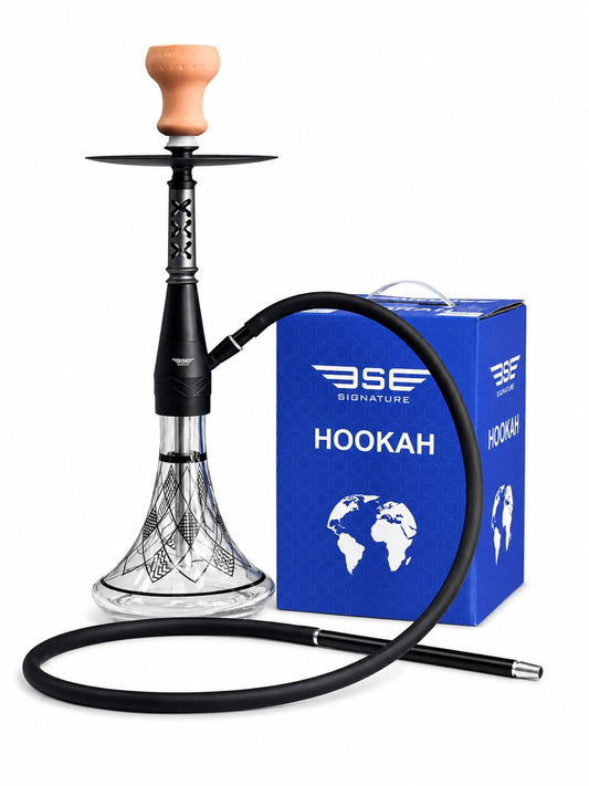 BE Signature Hookah Set – Matte Black Stem with X-Lattice Design, Tribal Geometric Etched Glass Base, Ceramic Bowl, Silicone Hose & Steel Tray – Modern Aztec-Style Shisha Pipe