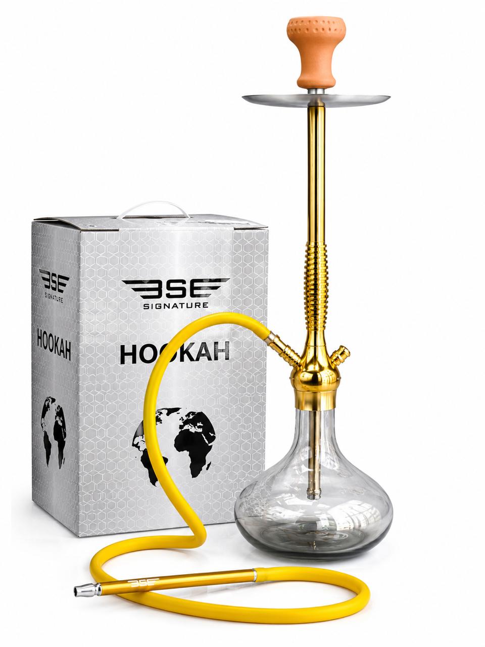 BE Signature Gold Hookah Set – Sleek All-Gold Aluminum Stem with Smoky Round Glass Base, Ceramic Bowl, Yellow Silicone Hose & Steel Tray – Luxury Modern Shisha Pipe