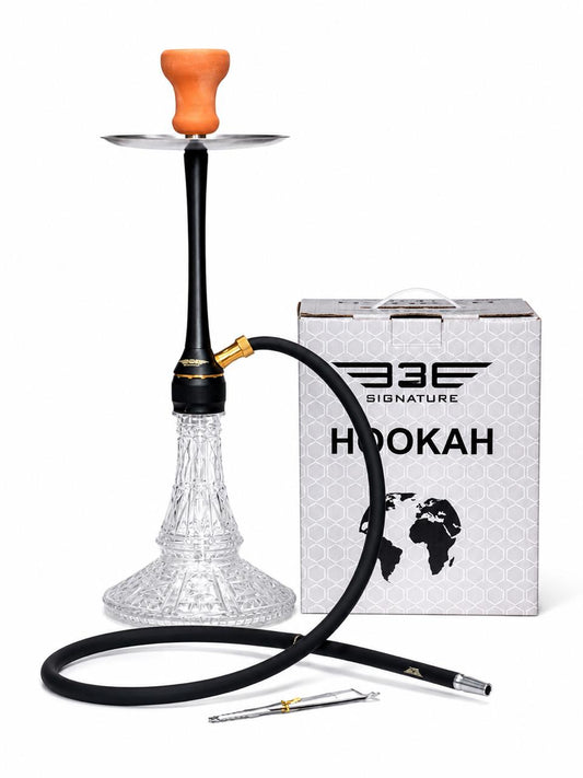 BE Signature Premium Hookah Set – Matte Black Stem with Crystal-Cut Glass Base, Gold Accents, Stainless Steel Tray, Ceramic Bowl & Silicone Hose – Elegant Modern Shisha Pipe for Home & Lounge
