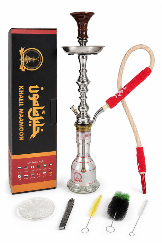 Khalil Mamoon Complete Hookah Set – Authentic Chrome & Glass Shisha with Cloth Hose, Cleaning Brushes, Ash Tray & Charcoal Tongs