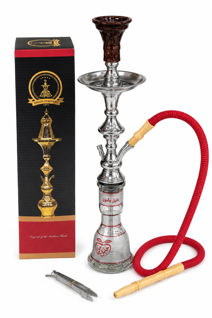 Khalil Mamoon Original Arabian Shisha Hookah – Authentic Handcrafted Glass Base with Chrome Stem, Red Hose & Ceramic Bowl (Complete Set)