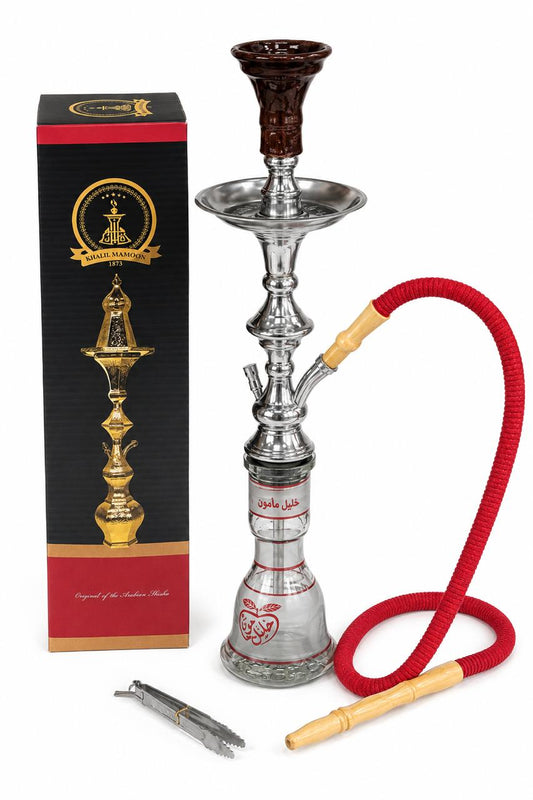 Khalil Mamoon Original Arabian Shisha Hookah – Authentic Handcrafted Glass Base with Chrome Stem, Red Hose & Ceramic Bowl (Complete Set)