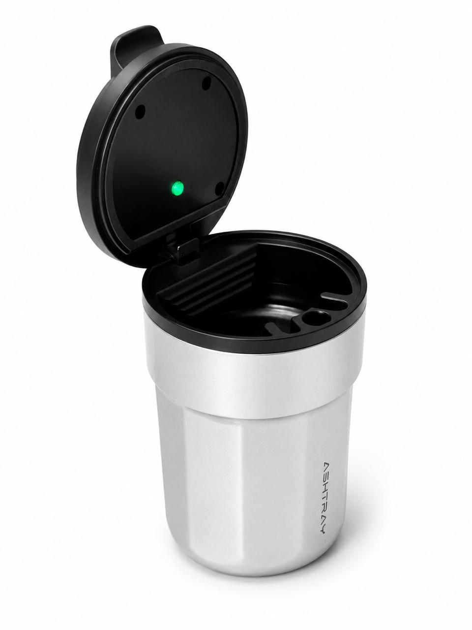 AL KHUMERY- Premium Silver & Black Car Ashtray with Rainbow LED Light | Metallic Body, Smokeless Lidded Cup Holder | Odor-Free & Easy to Clean