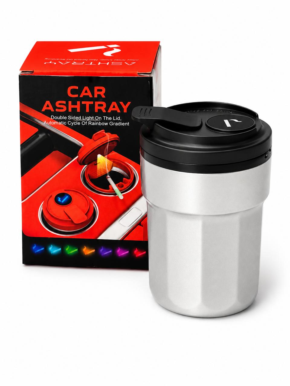 AL KHUMERY- Premium Silver & Black Car Ashtray with Rainbow LED Light | Metallic Body, Smokeless Lidded Cup Holder | Odor-Free & Easy to Clean