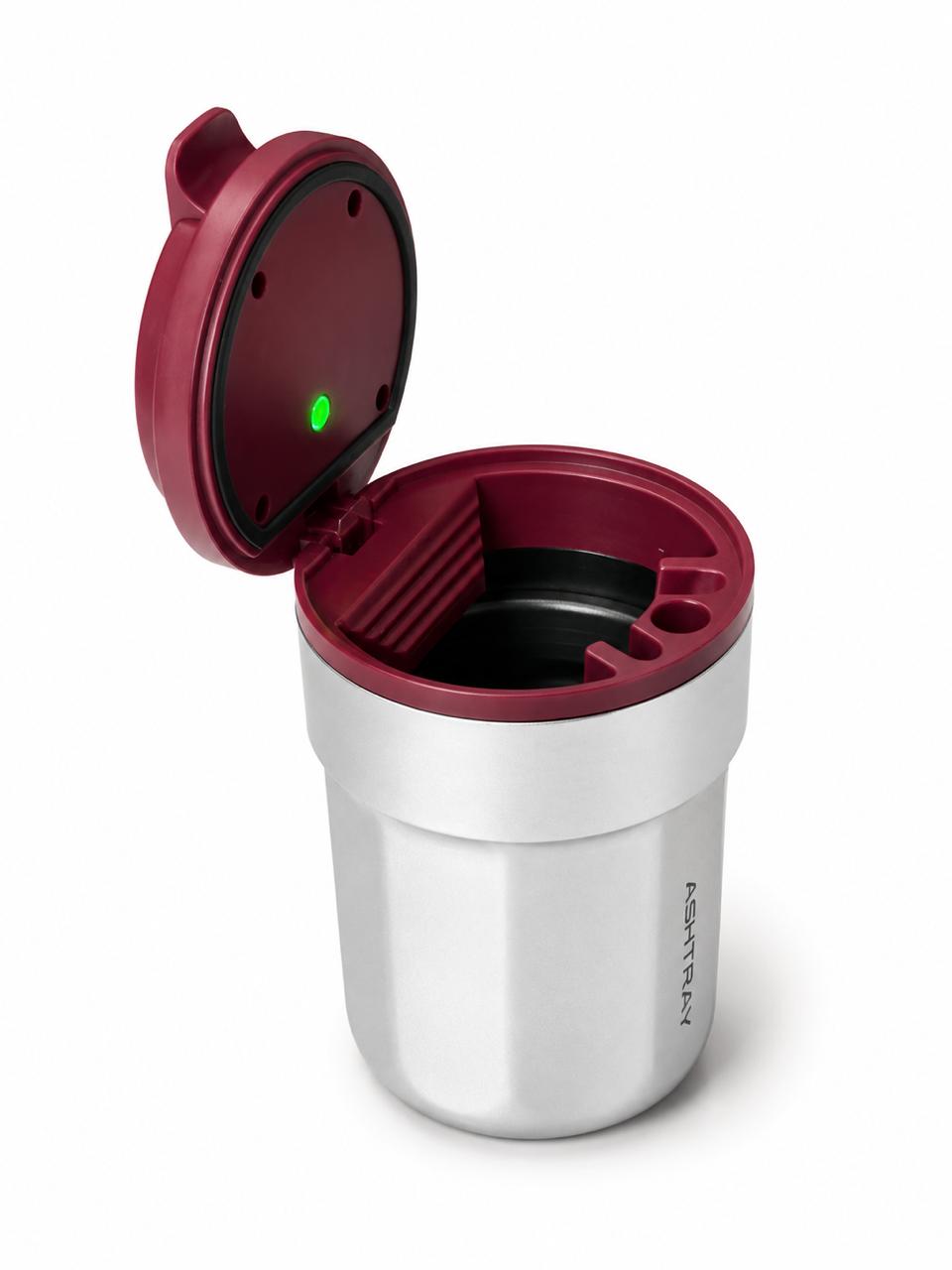 AL KHUMERY- Premium Silver & Wine Red Car Ashtray with Rainbow LED Light | Stainless Look, Smokeless Lidded Cup Holder Ashtray | Odor-Free & Easy to Clean