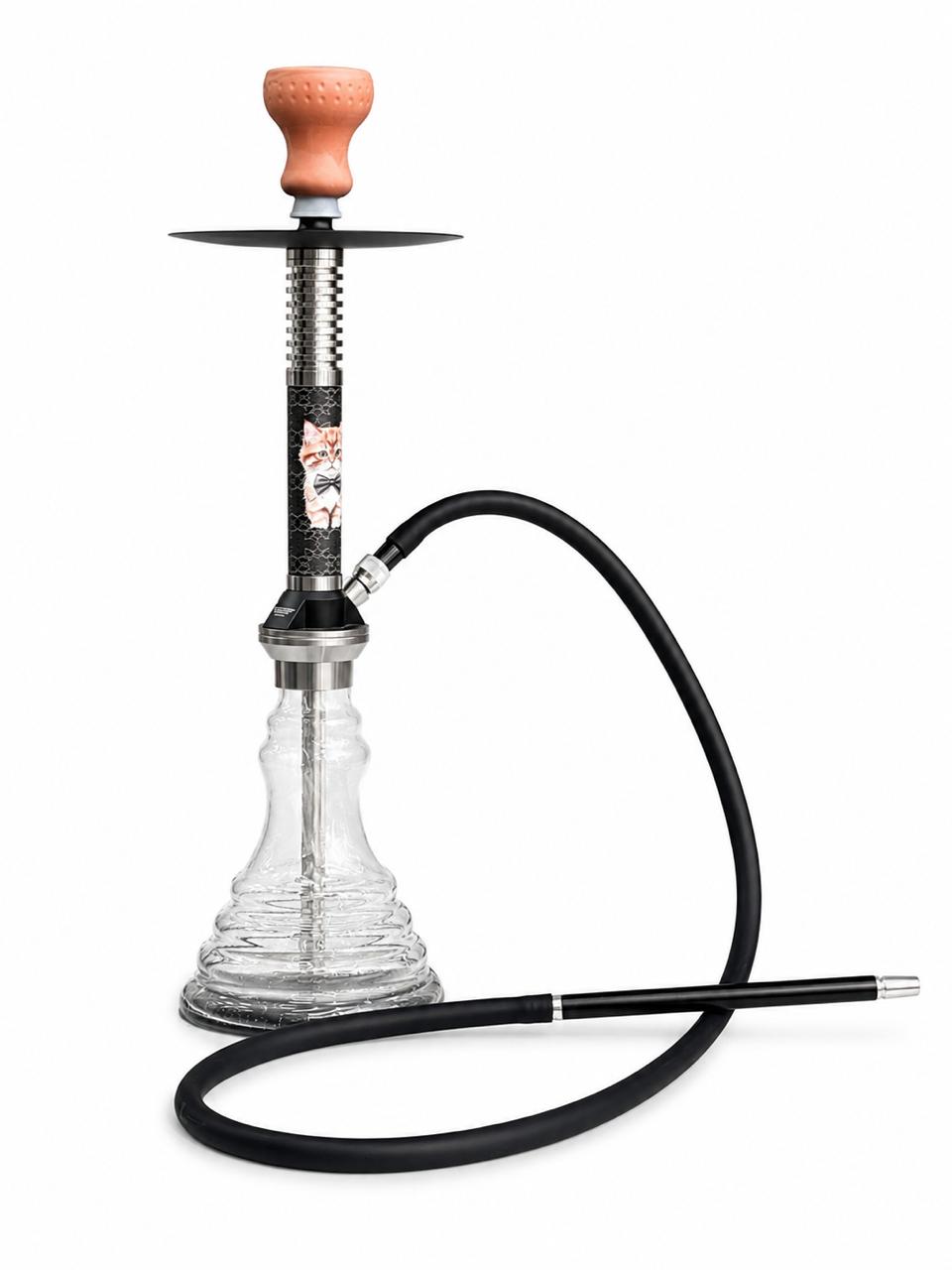 BE Signature Hookah Set – Ribbed Glass Base with Black Stem, Cute Cat Bow-Tie Graphic, Ceramic Bowl, Silicone Hose & Steel Tray – Fun Novelty Design Shisha Pipe