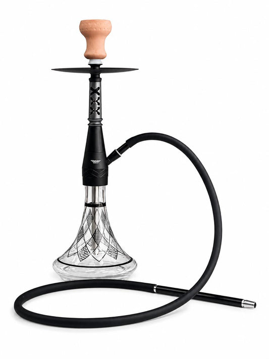BE Signature Hookah Set – Matte Black Stem with X-Lattice Design, Tribal Geometric Etched Glass Base, Ceramic Bowl, Silicone Hose & Steel Tray – Modern Aztec-Style Shisha Pipe