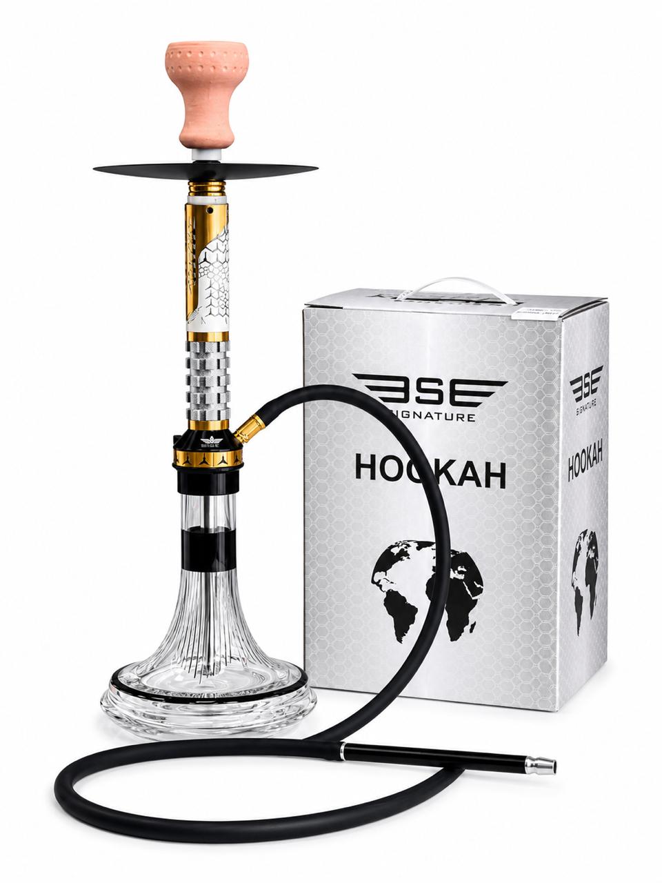 BE Signature Premium Hookah Set – Gold-Accented Stem with Textured Ribbed Grip, Fluted Glass Base, Ceramic Bowl, Silicone Hose & Steel Tray – Bold Modern Shisha Pipe, Available in Red or White