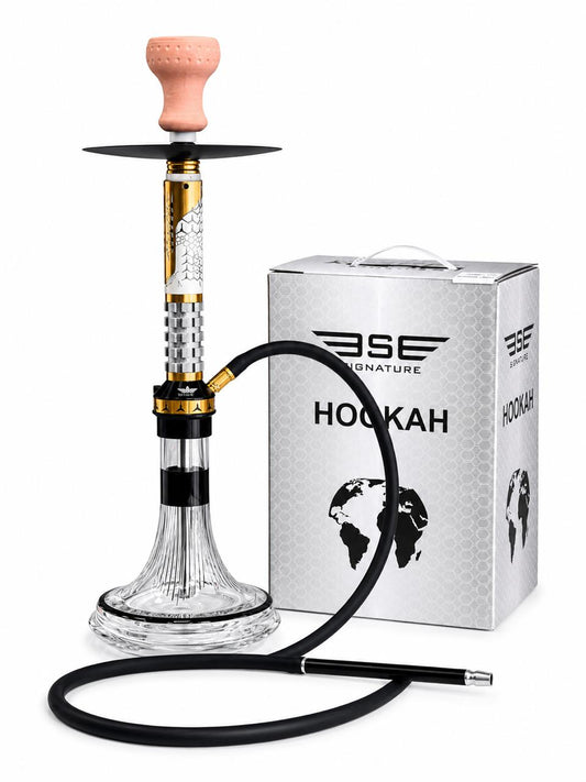BE Signature Premium Hookah Set – Gold-Accented Stem with Textured Ribbed Grip, Fluted Glass Base, Ceramic Bowl, Silicone Hose & Steel Tray – Bold Modern Shisha Pipe, Available in Red or White