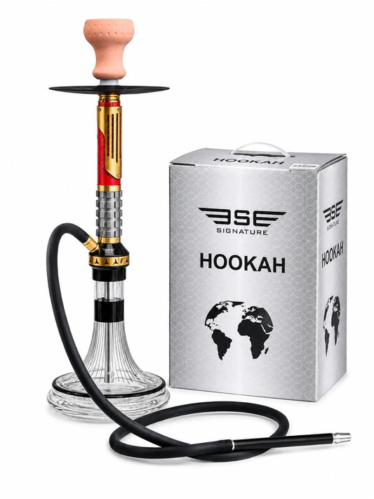 BE Signature Premium Hookah Set – Gold-Accented Stem with Textured Ribbed Grip, Fluted Glass Base, Ceramic Bowl, Silicone Hose & Steel Tray – Bold Modern Shisha Pipe, Available in Red or White