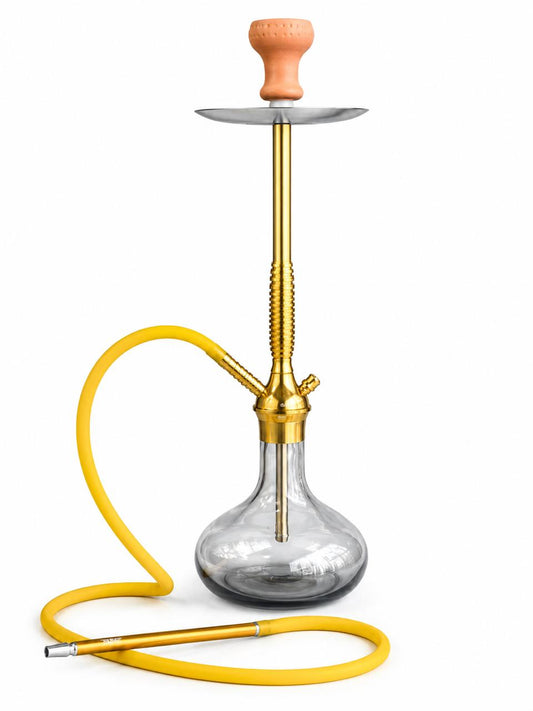 BE Signature Gold Hookah Set – Sleek All-Gold Aluminum Stem with Smoky Round Glass Base, Ceramic Bowl, Yellow Silicone Hose & Steel Tray – Luxury Modern Shisha Pipe