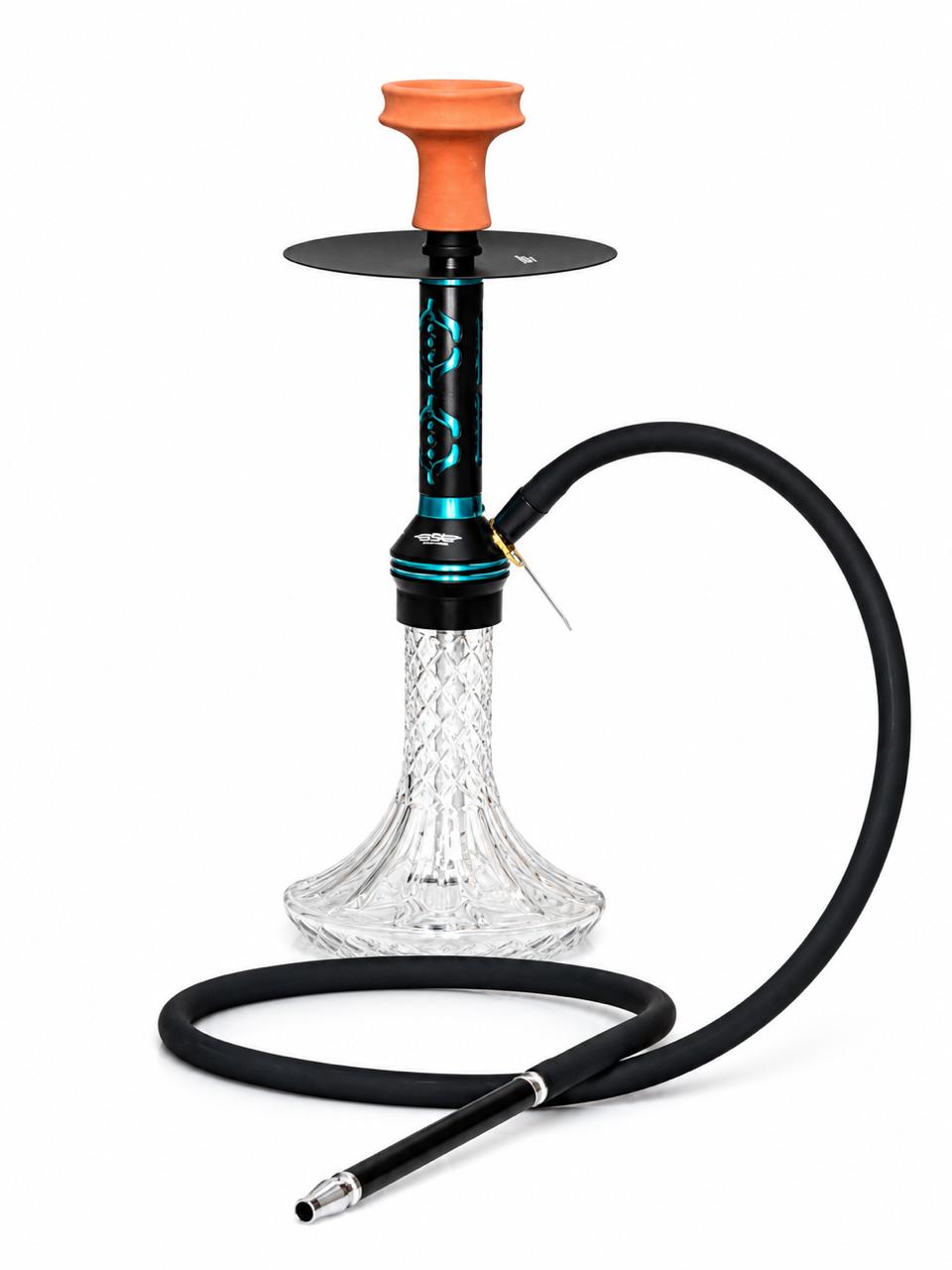 AL KHUMERY - BSE Signature Premium Hookah Set – Artistic Engraved Stem | Diamond Cut Crystal Clear Base | Available in Teal Blue & Gold Yellow | Complete Shisha Kit