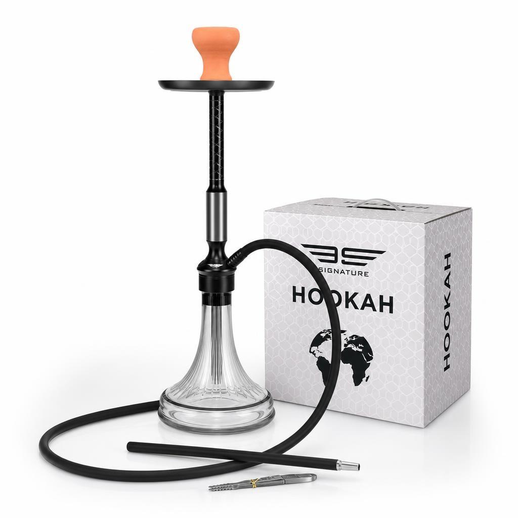 BE Signature Premium Hookah Set – 27" Complete Shisha Pipe with Stainless Steel Tray, Ribbed Glass Base, Silicone Hose & Ceramic Bowl – Gold & Black Modern Design for Home, Lounge & Parties