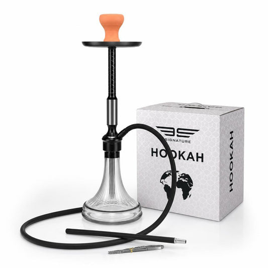 BE Signature Premium Hookah Set – 27" Complete Shisha Pipe with Stainless Steel Tray, Ribbed Glass Base, Silicone Hose & Ceramic Bowl – Gold & Black Modern Design for Home, Lounge & Parties