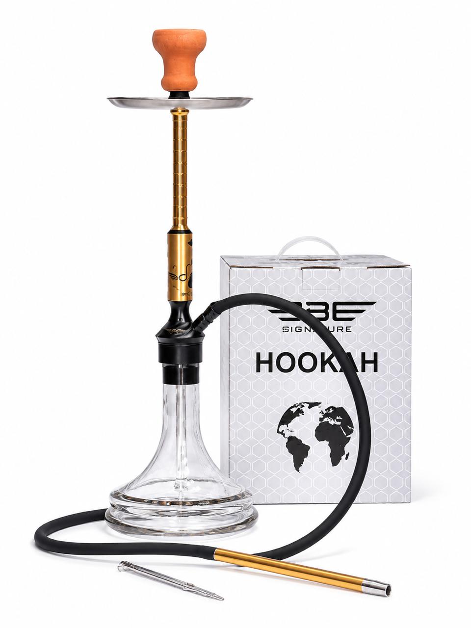 BE Signature Premium Hookah Set – 27" Complete Shisha Pipe with Stainless Steel Tray, Ribbed Glass Base, Silicone Hose & Ceramic Bowl – Gold & Black Modern Design for Home, Lounge & Parties