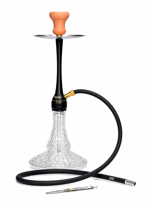 BE Signature Premium Hookah Set – Matte Black Stem with Crystal-Cut Glass Base, Gold Accents, Stainless Steel Tray, Ceramic Bowl & Silicone Hose – Elegant Modern Shisha Pipe for Home & Lounge