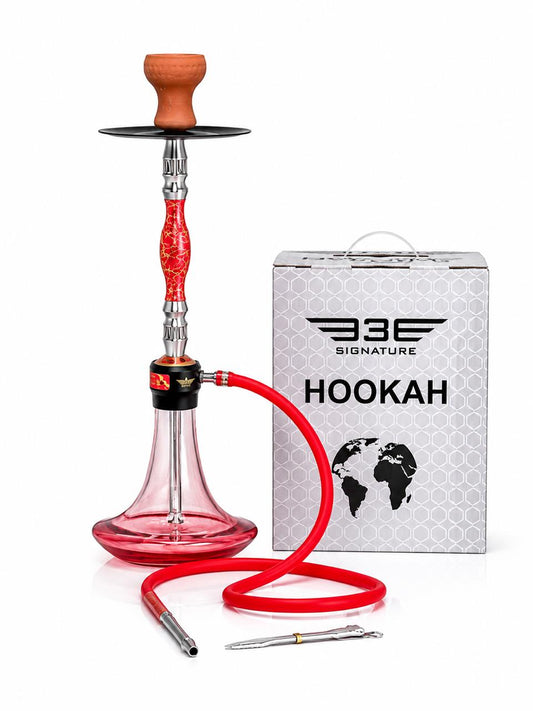 BE Signature Traditional Hookah Set – Chrome & Colored Glass Stem with Tinted Glass Base, Ceramic Bowl, Silicone Hose & Steel Tray – Elegant Egyptian-Style Shisha Pipe, Available in Multiple Colors
