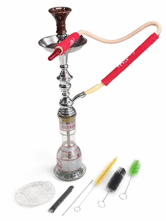 Khalil Mamoon Complete Hookah Set – Authentic Chrome & Glass Shisha with Cloth Hose, Cleaning Brushes, Ash Tray & Charcoal Tongs