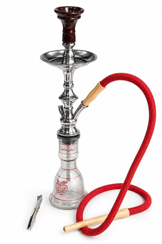 Khalil Mamoon Original Arabian Shisha Hookah – Authentic Handcrafted Glass Base with Chrome Stem, Red Hose & Ceramic Bowl (Complete Set)