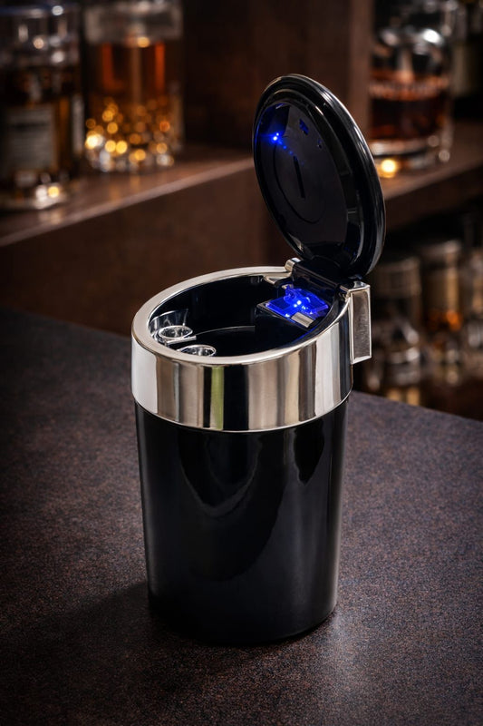 AL KHUMERY Black LED Flip-Top Ashtray | Glossy Cylinder with Chrome Collar | Windproof Lidded Smoking Accessory UAE
