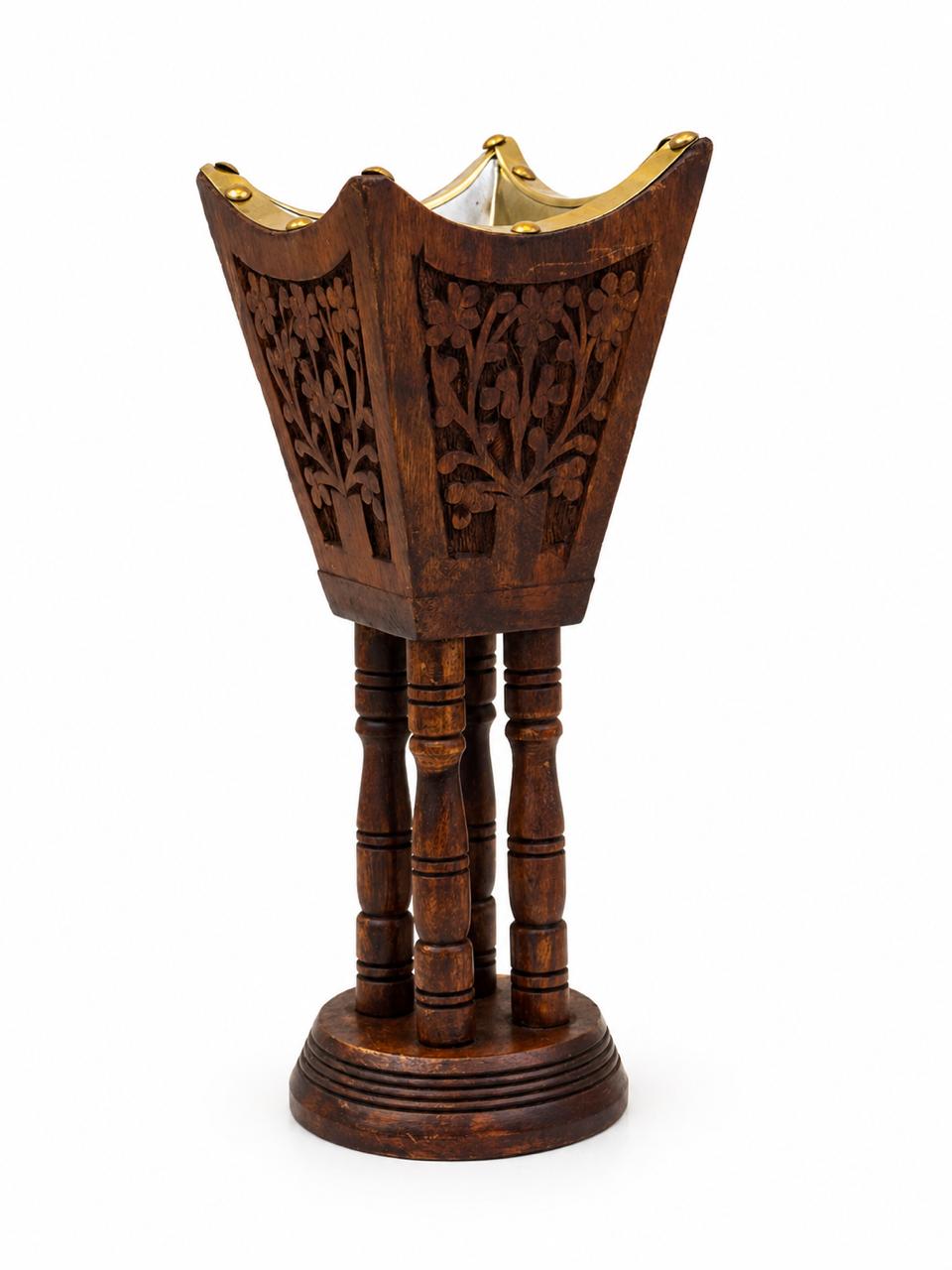 AL KHUMERY HANDCRAFTED WOODEN HOOKAH BOWL WITH FLORAL CARVING & SCALLOPED GOLD RIM