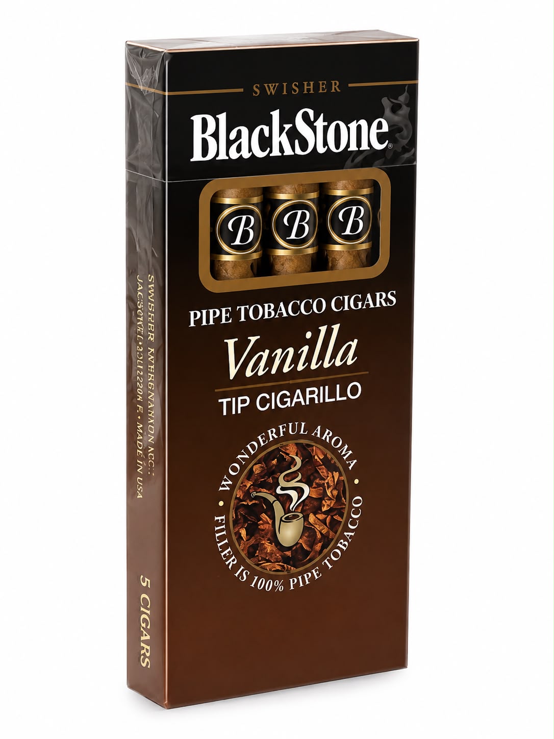 Swisher BlackStone Vanilla Tip Cigarillos – 100% Pipe Tobacco, Wonderfully Smooth Aroma | 5 Sticks