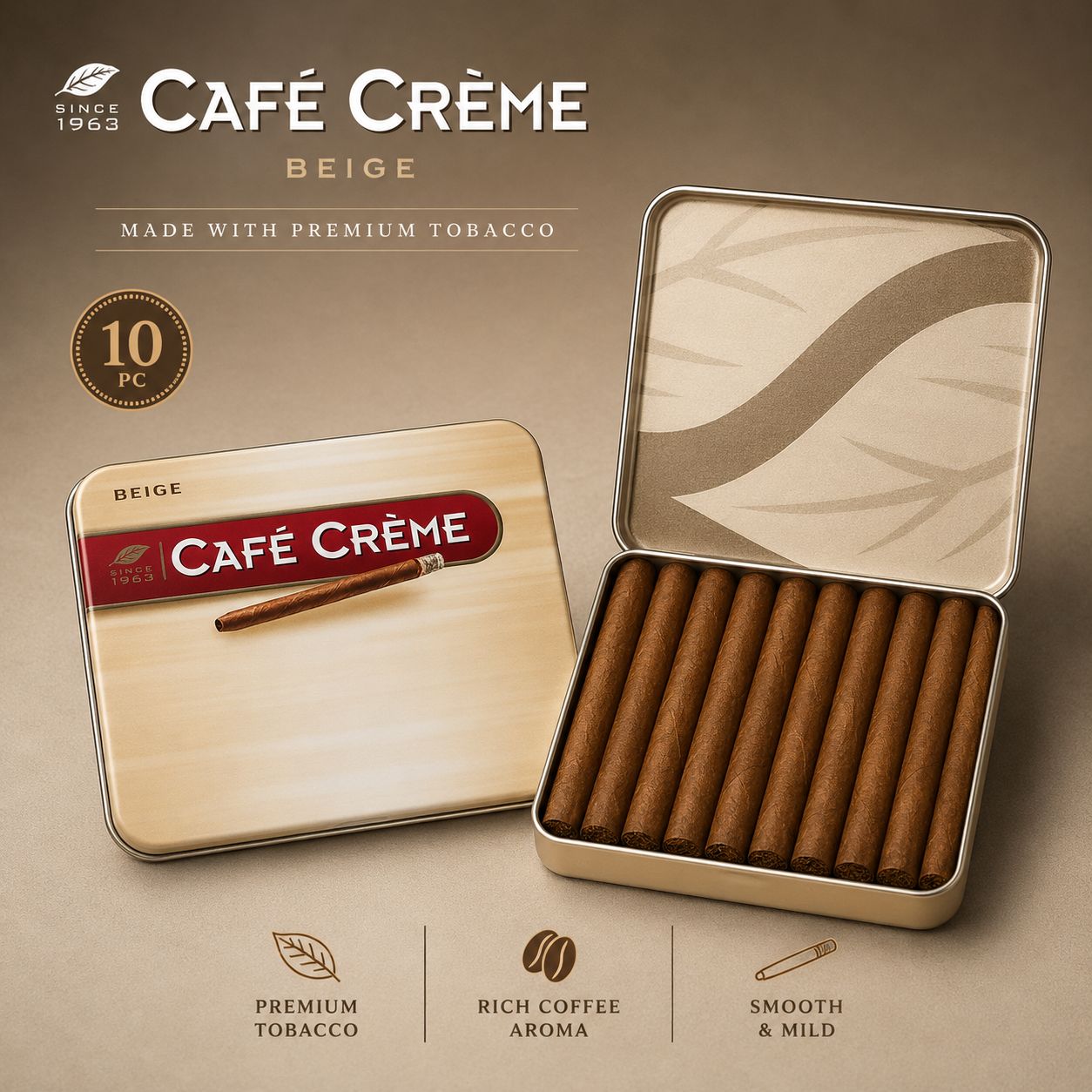 Café Crème Premium Cigarillos – Since 1963 | Smooth & Mild | Rich Coffee Aroma | 10 Pc Tin | 3 Classic Variants (Coffee, Blue & Beige)