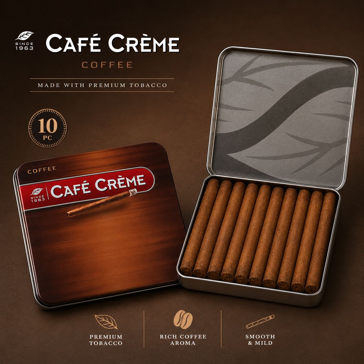 Café Crème Premium Cigarillos – Since 1963 | Smooth & Mild | Rich Coffee Aroma | 10 Pc Tin | 3 Classic Variants (Coffee, Blue & Beige)