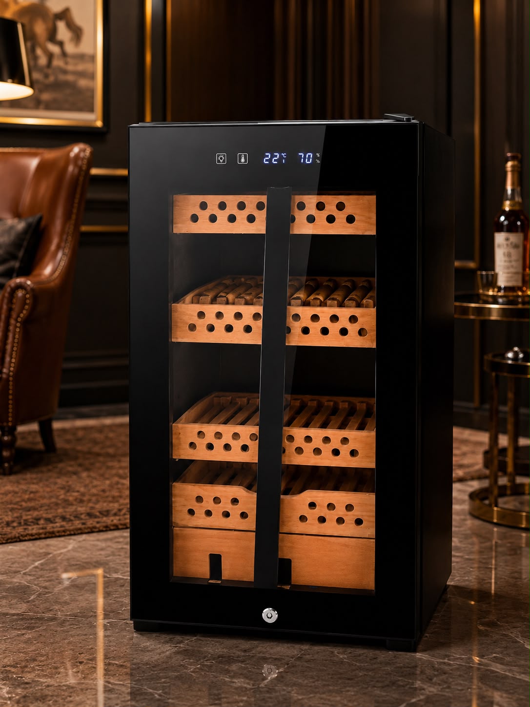 Electric Cigar Humidor Cabinet – Digital Temperature & Humidity Control, Cedar Wood Trays, Lockable Glass Door, 4-Tier Storage for 100+ Cigars